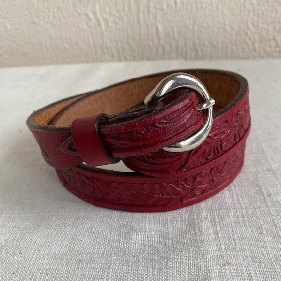 Vintage Windmill embossed red leather Western skinny belt w/ chrome buckle Sz 34 main image 5